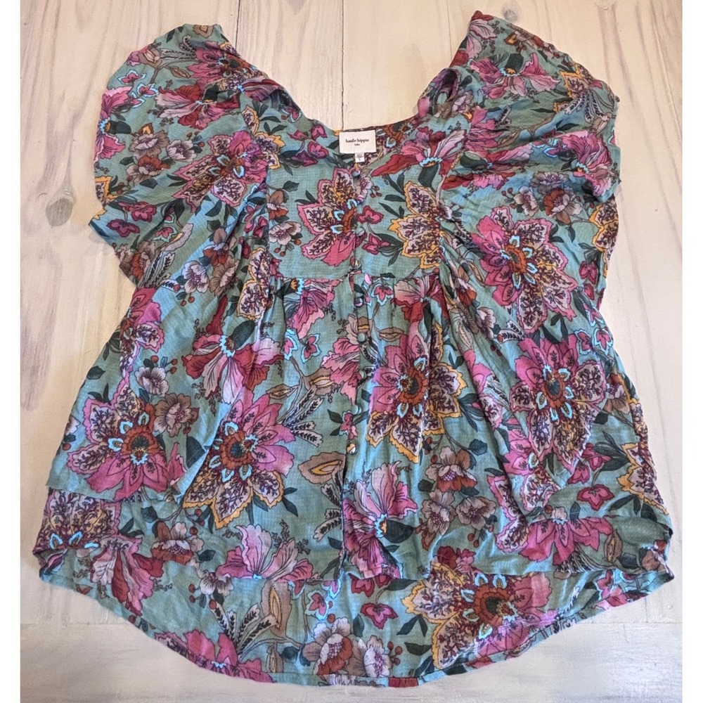 Haute Hippie Tribe Womens Large Floral Boho Flutter Sleeve Blouse Festival